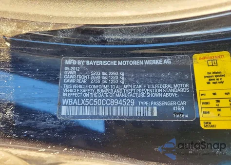 2012 BMW 650 Xi z USA, uszkodzony, nr VIN WBALX5C50CC894529